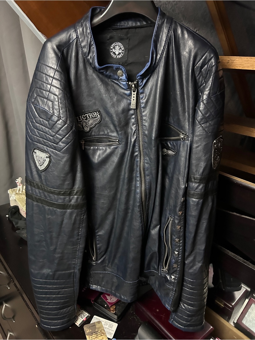 Affliction Navy Blue Leather Bomber Jacket with Patch Details
